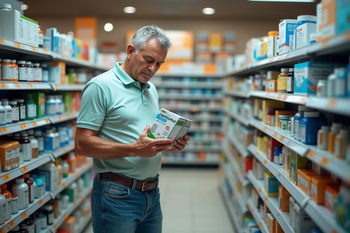 Homme examine des produits Guggul Plus en pharmacie