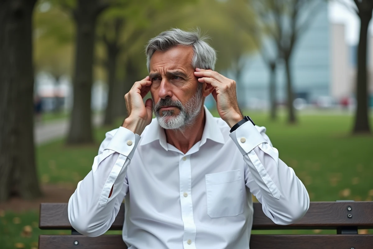 Homme assis sur un banc de parc en pleine réflexion