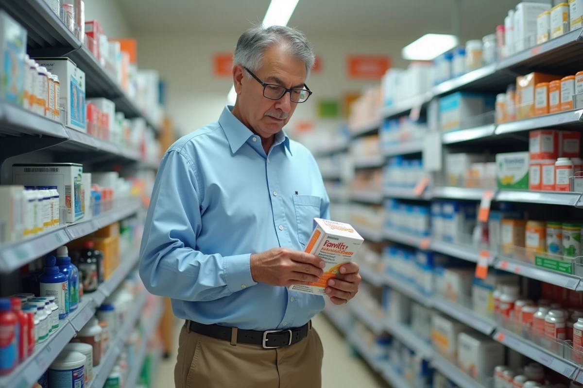 Homme en pharmacie examinant des compléments digestifs
