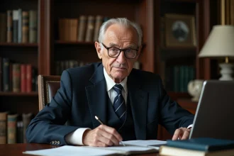 Portrait d'un homme politique âgé assis dans un bureau parisien, expression de résilience et de sérénité, évoquant un engagement humanitaire de longue date