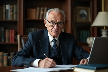 Portrait d'un homme politique âgé assis dans un bureau parisien, expression de résilience et de sérénité, évoquant un engagement humanitaire de longue date