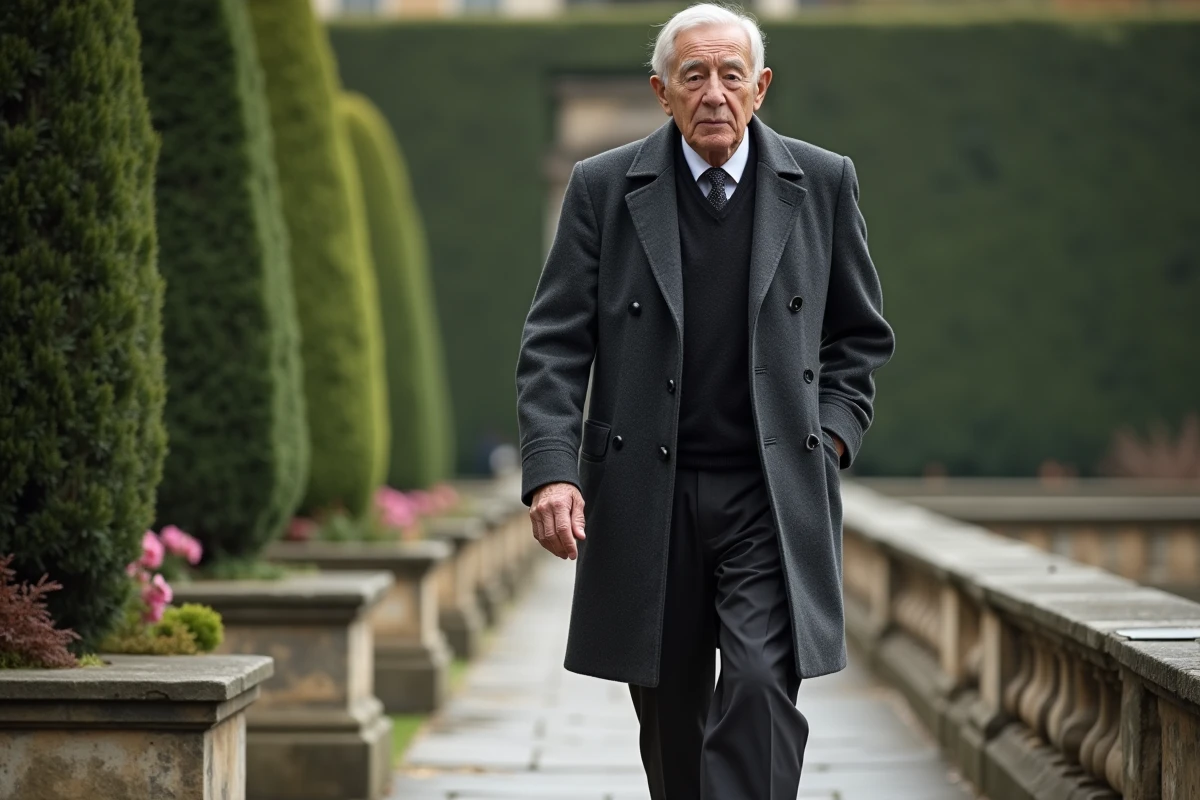 Homme politique âgé marchant dans un jardin à la française, attitude digne et déterminée illustrant la résilience personnelle face aux épreuves de santé