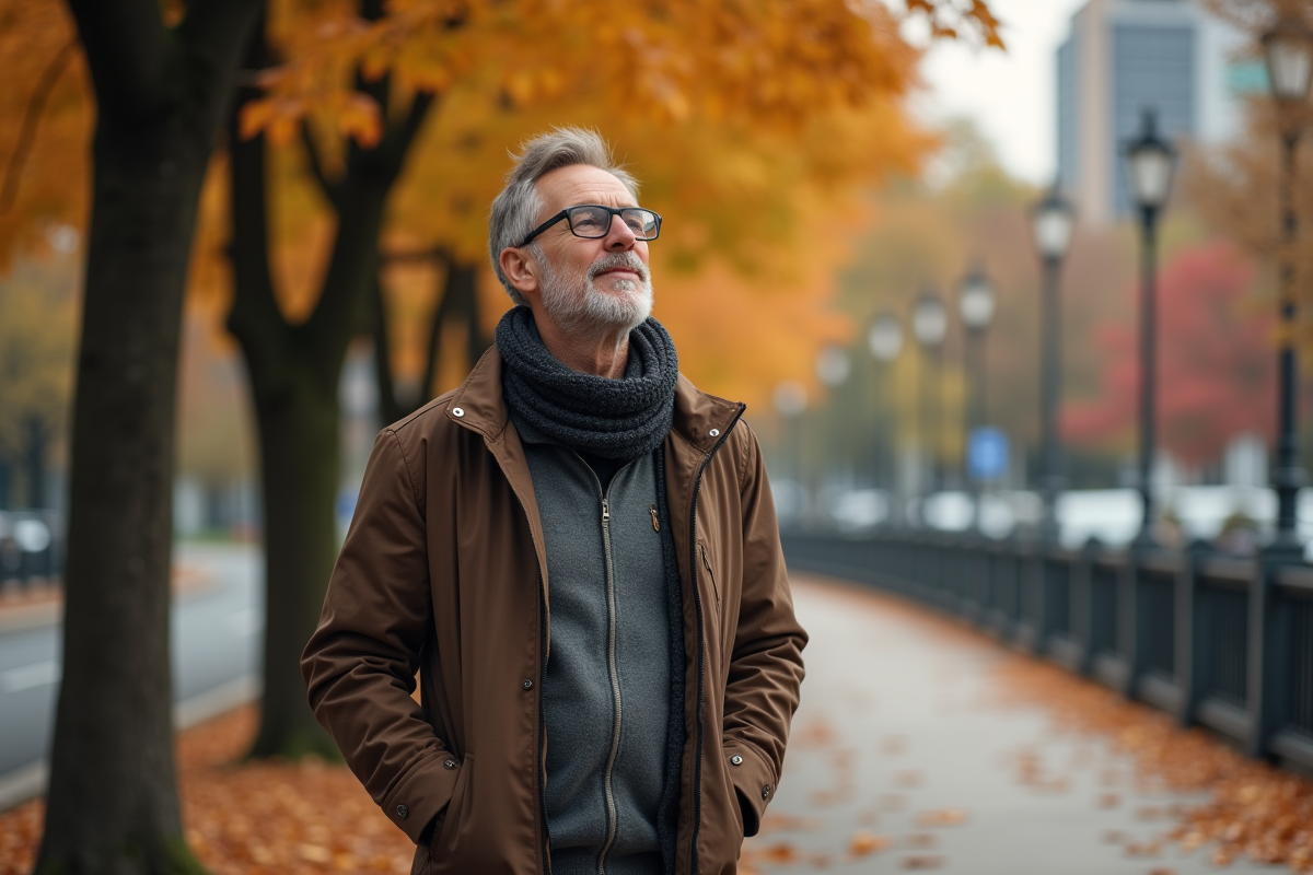 Homme en promenade automnale dans un parc urbain