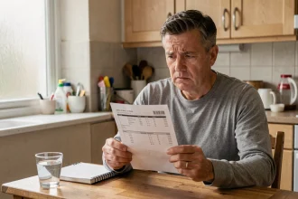 Homme tenant ses résultats d'analyse sanguine montrant un taux de GGT élevé, assis dans une cuisine