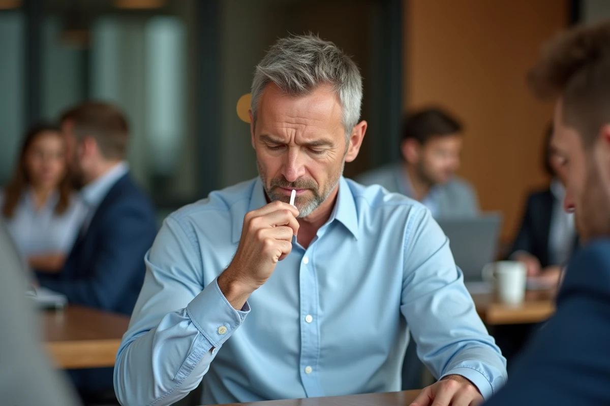 Homme en réunion discret pressant un pastille contre ses lèvres