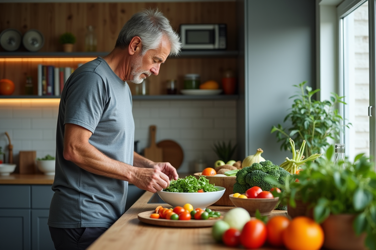 Homme préparant une salade dans une cuisine moderne