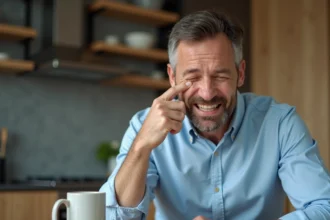 Homme en légère douleur visage près du menton