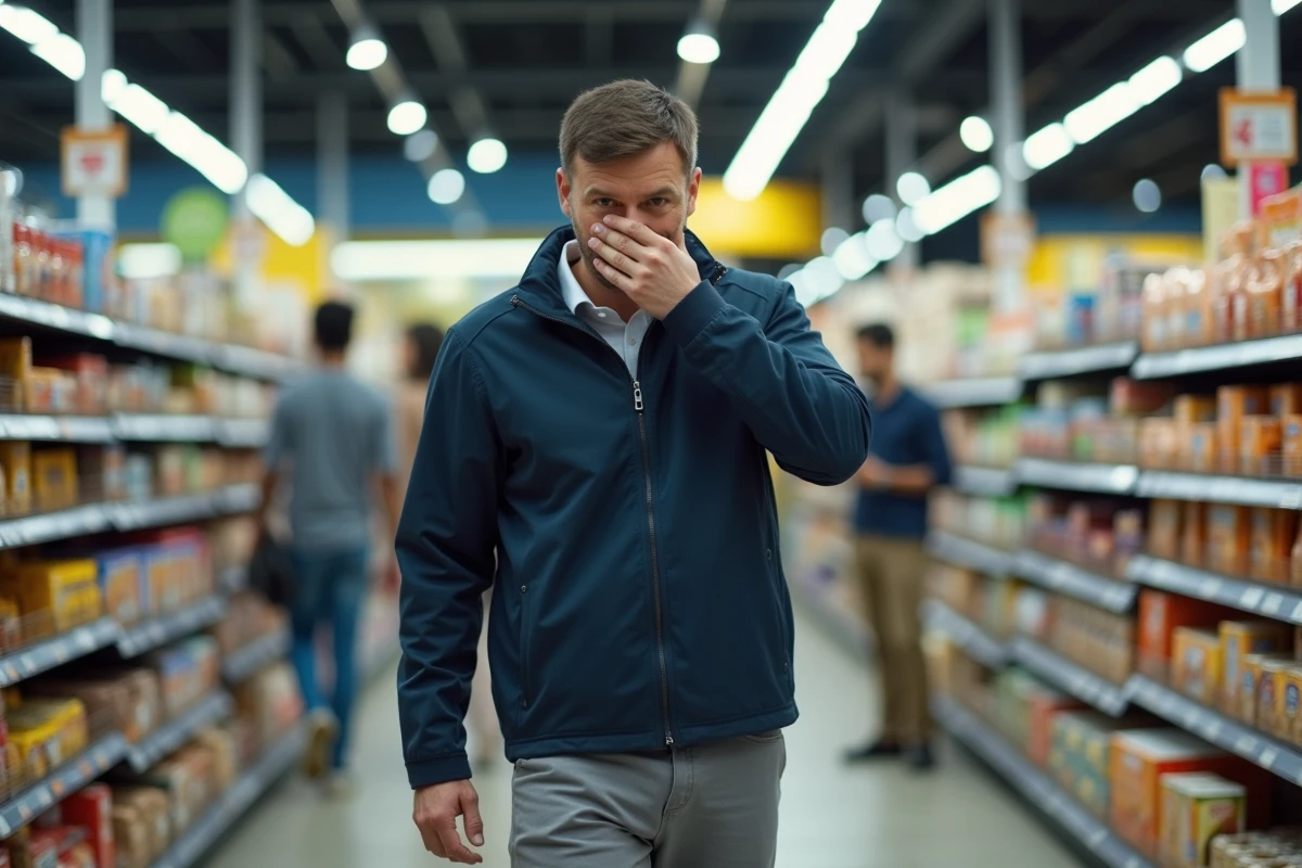 Homme dans un supermarché dissimulant une réaction à une mauvaise odeur en lisant une étiquette produit