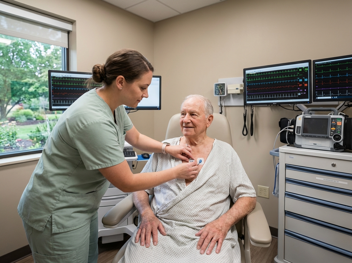 Infirmière attachant des électrodes de surveillance cardiaque à un patient