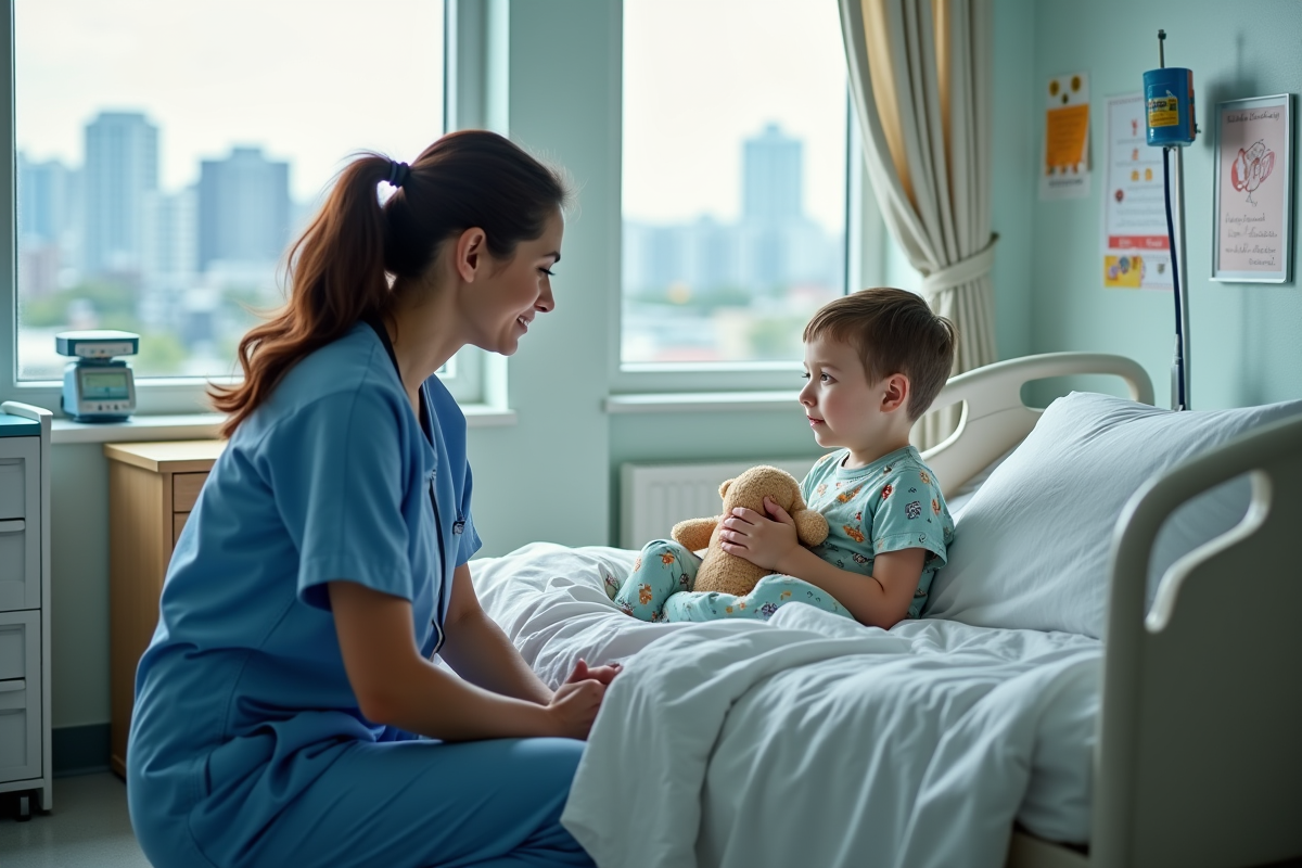 Infirmiere en blouse parlant à un enfant malade dans une chambre d