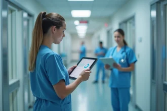 Infirmière consultant le dossier patient sur une tablette numérique dans un couloir d'hôpital