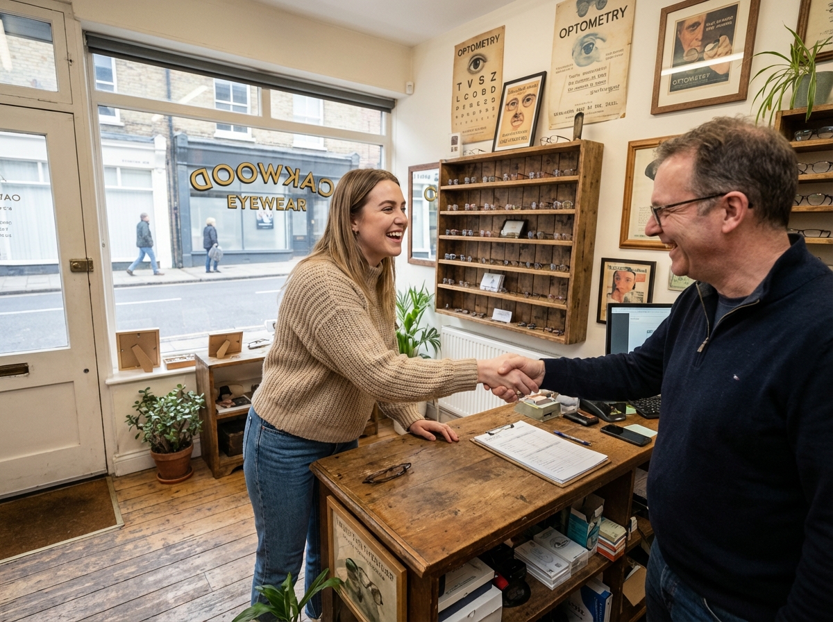 Jeune femme souriante accueillant un opticien dans une boutique chaleureuse