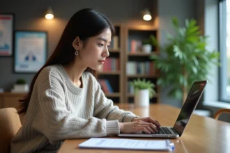 Jeune femme concentrée sur son ordinateur dans un espace d'étude universitaire