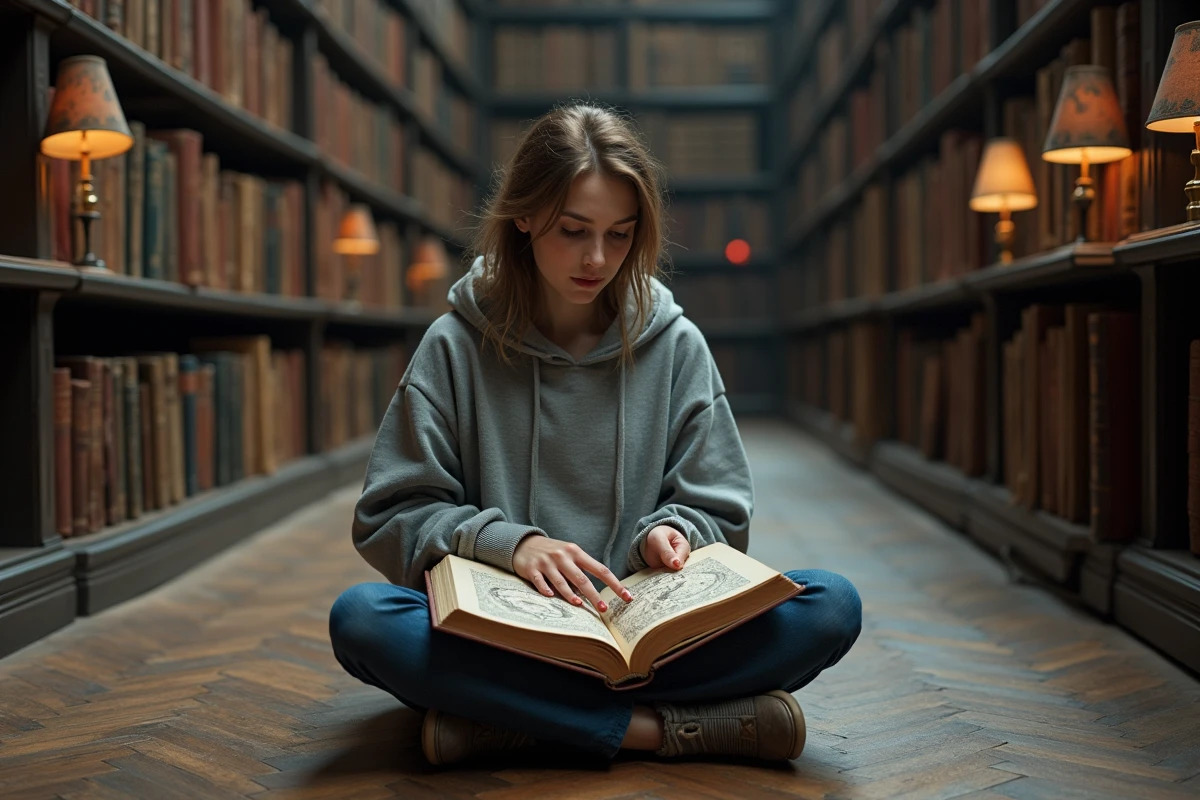 Jeune femme comparant les lignes de sa main à un vieux livre de chiromancie dans une bibliothèque universitaire, mythe et réalité
