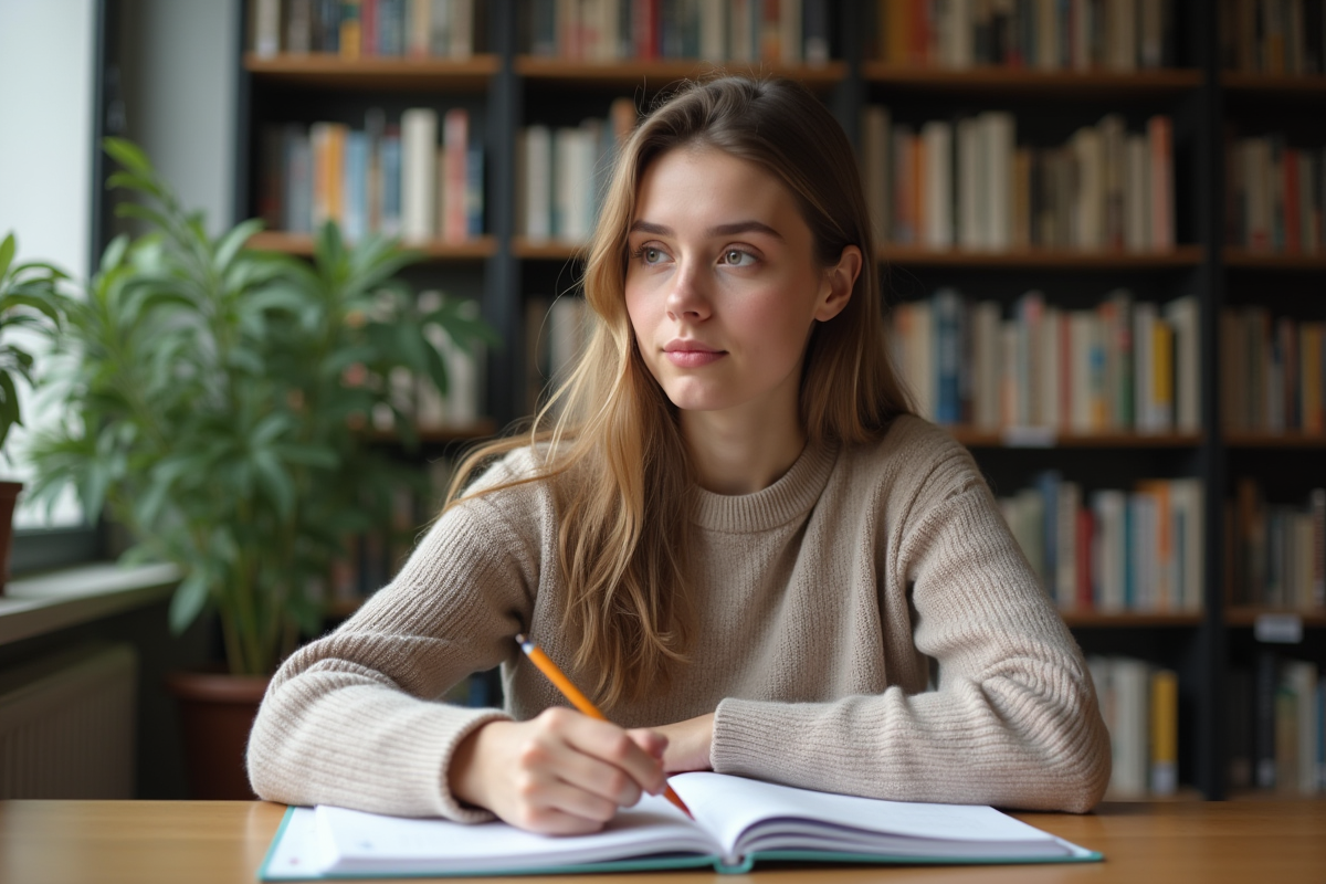 Jeune femme concentrée résolvant un puzzle dans une bibliothèque moderne