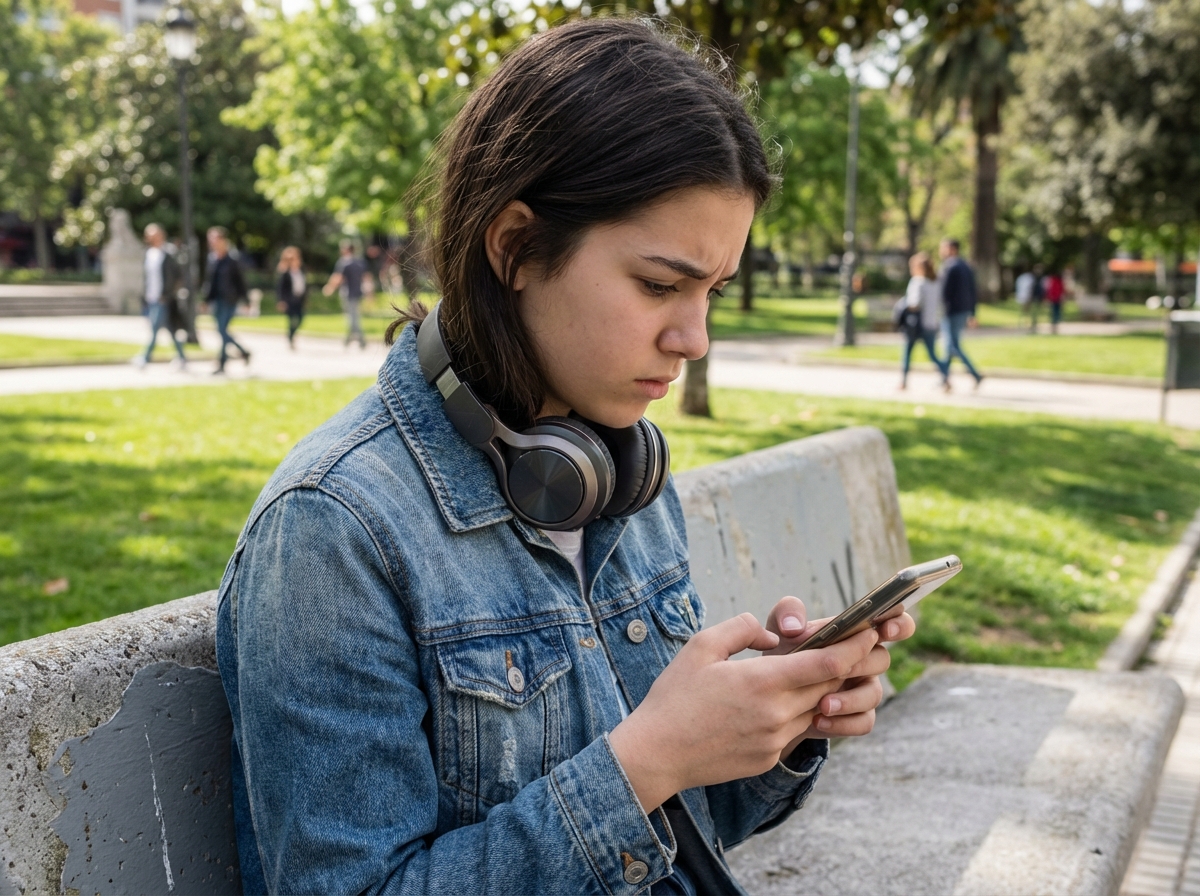 Jeune fille en jean avec casque dans un parc urbain