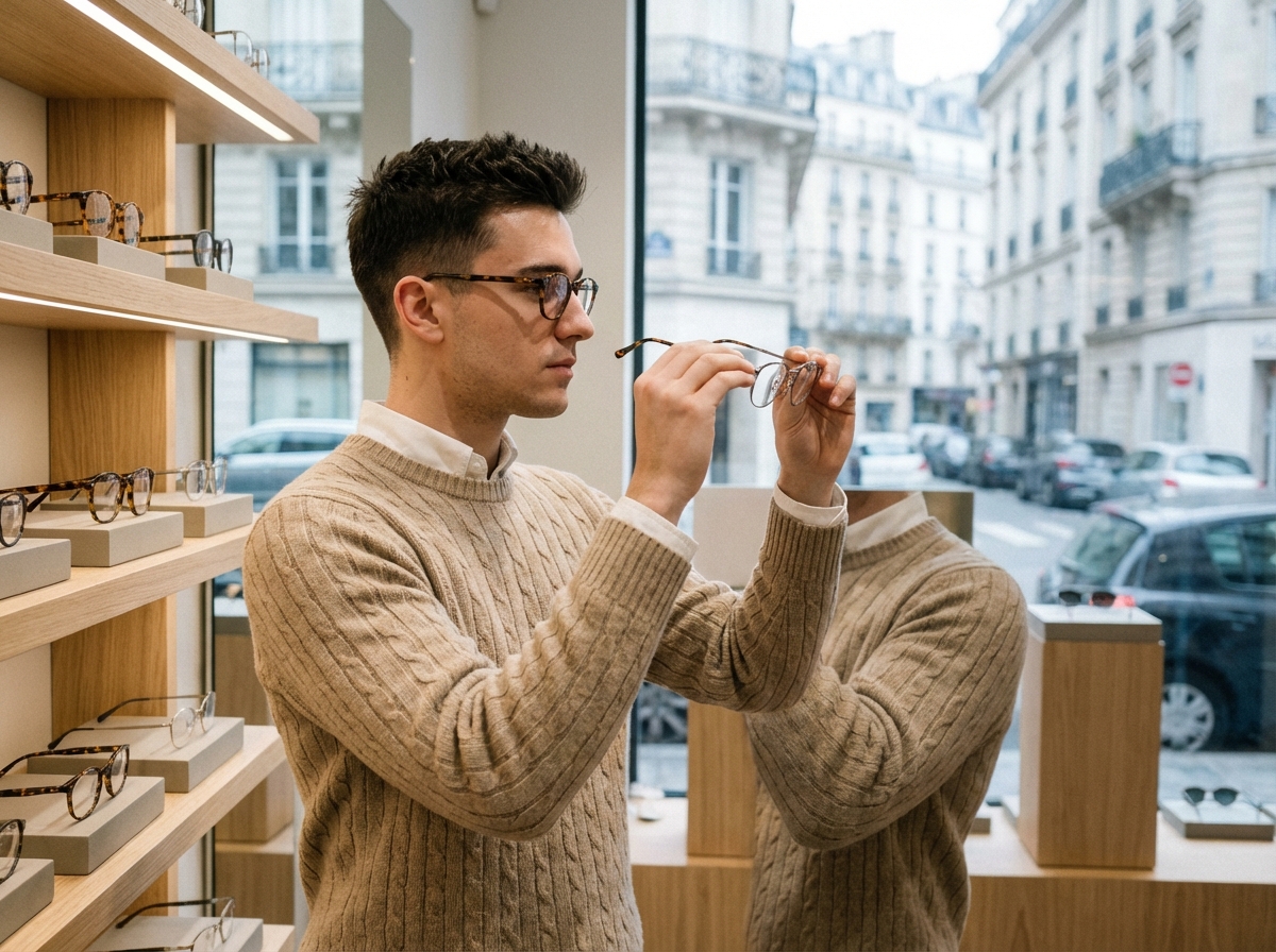 Jeune homme comparant des lunettes dans une boutique à Boulogne