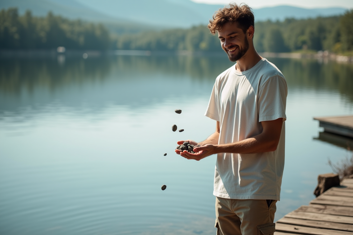 Jeune homme lançant des pierres dans un lac paisible