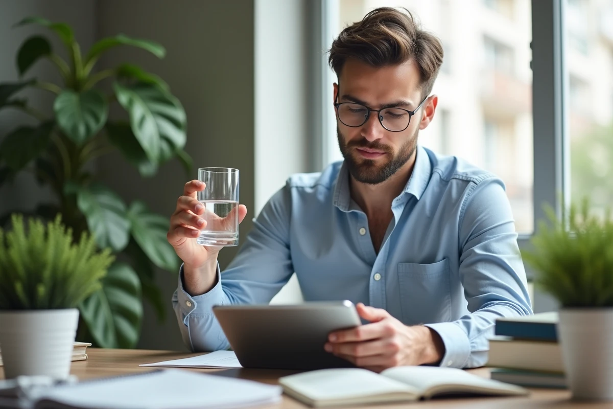 Jeune homme consultant un guide nutrition sur tablette