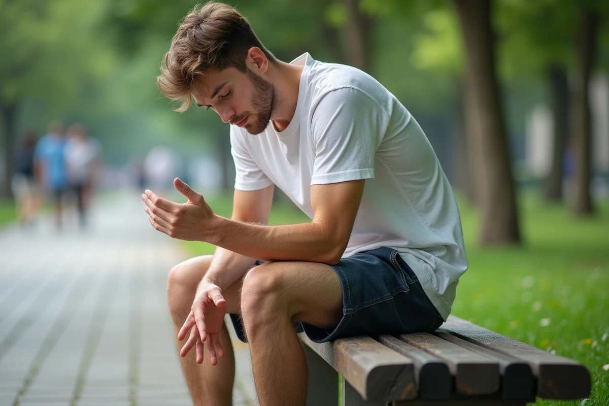 Jeune homme assis sur un banc dans un parc urbain