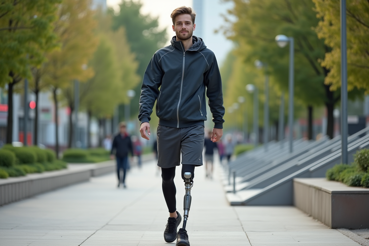 Jeune homme avec prothese marchant dans un parc urbain