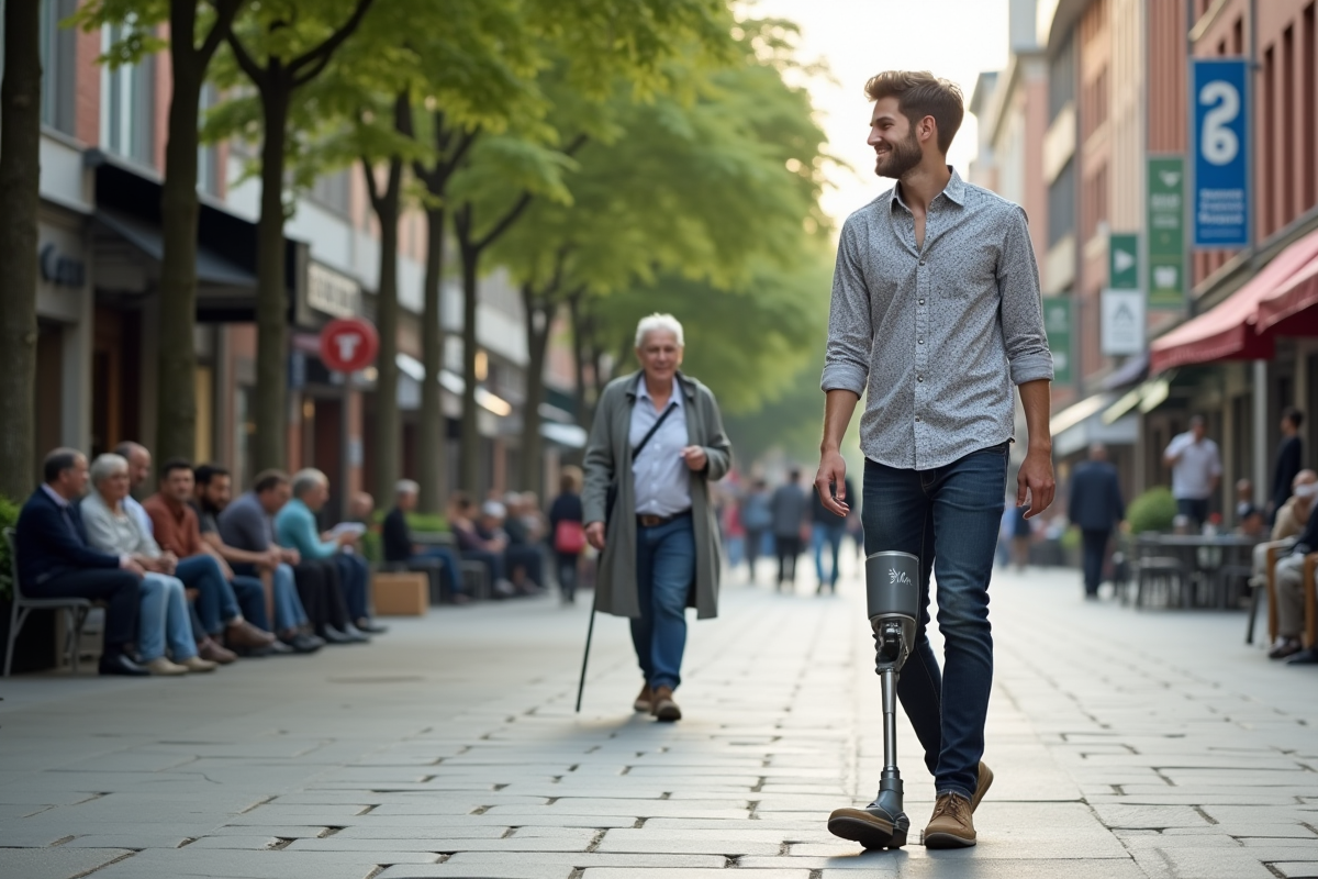 Jeune homme avec prothese marchant dans la ville