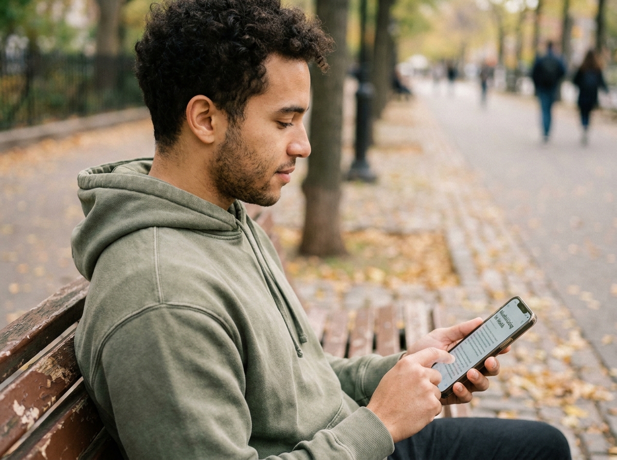 Jeune homme lisant des informations de santé préventive sur son smartphone dans un parc urbain