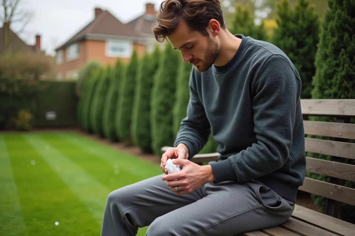 Jeune homme appliquant un pack de glace à son pied dans le jardin