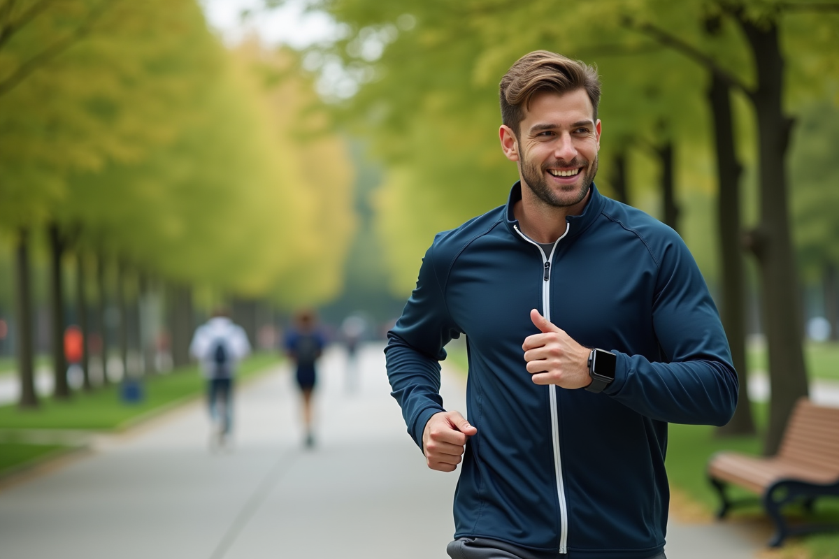 Jeune homme courant dans un parc avec une montre connectée