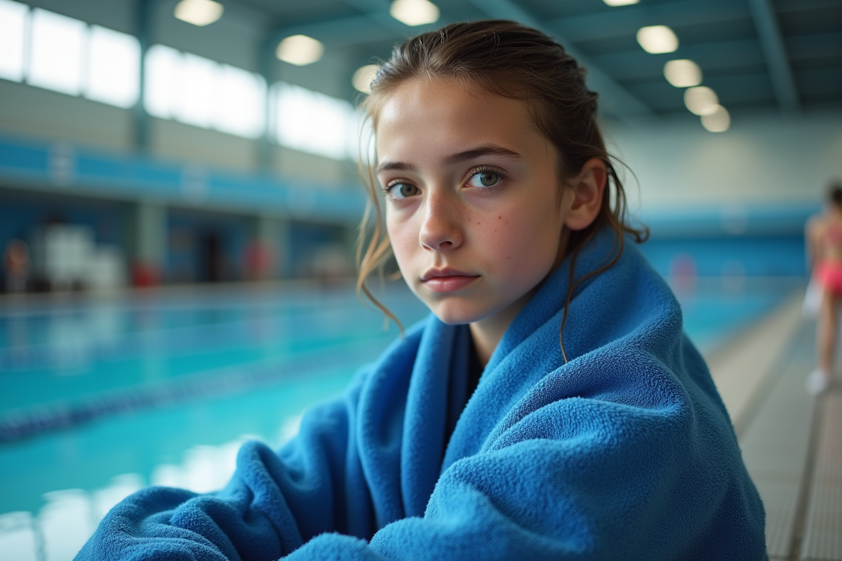 Jeune nageuse assise au bord de la piscine en réflexion