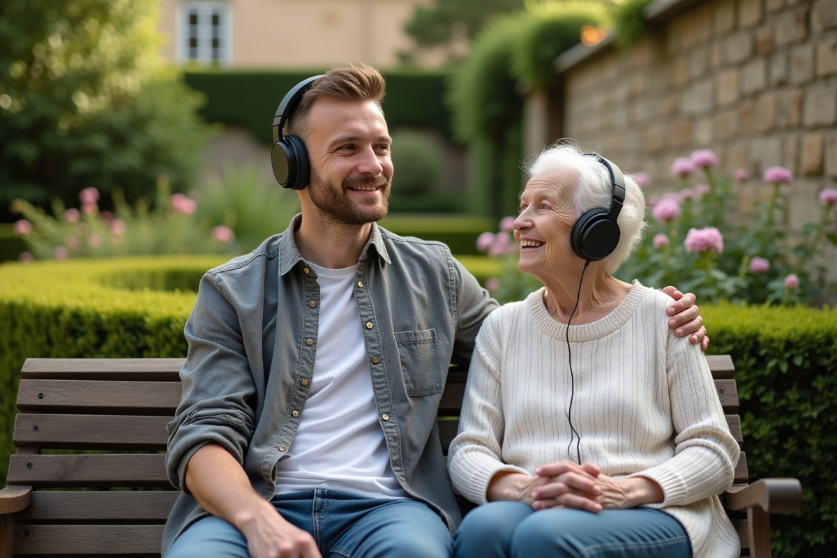 Jeune homme et femme âgée partageant un casque dans un jardin