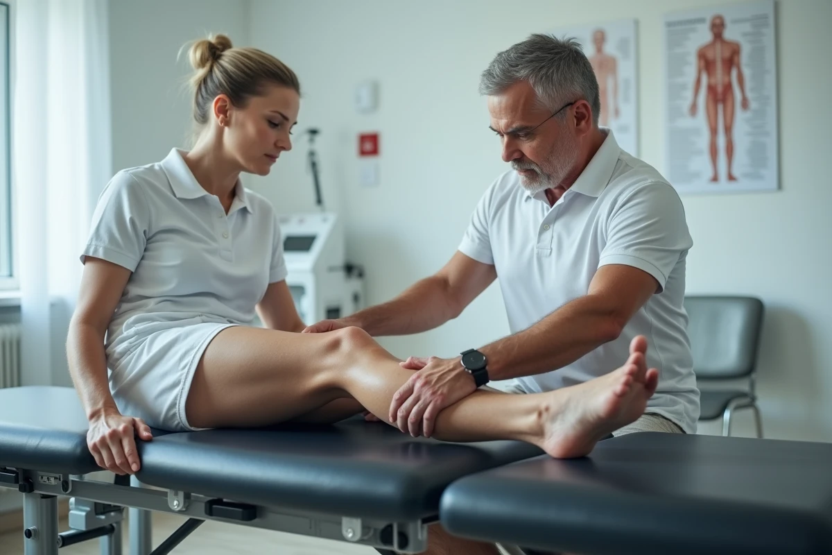Kinésithérapeute examinant le mollet d'un patient souffrant de contractions musculaires involontaires en cabinet de rééducation