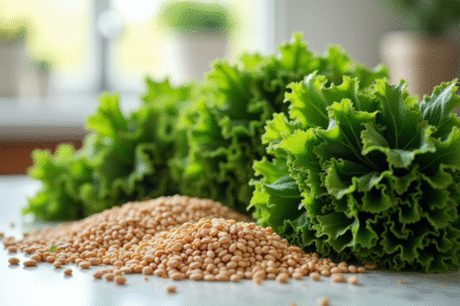 Légumes verts frais et grains entiers sur un plan de travail lumineux