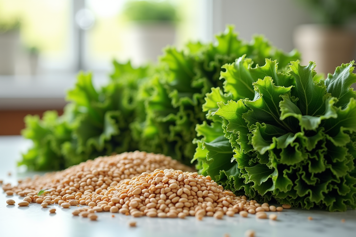 Légumes verts frais et grains entiers sur un plan de travail lumineux