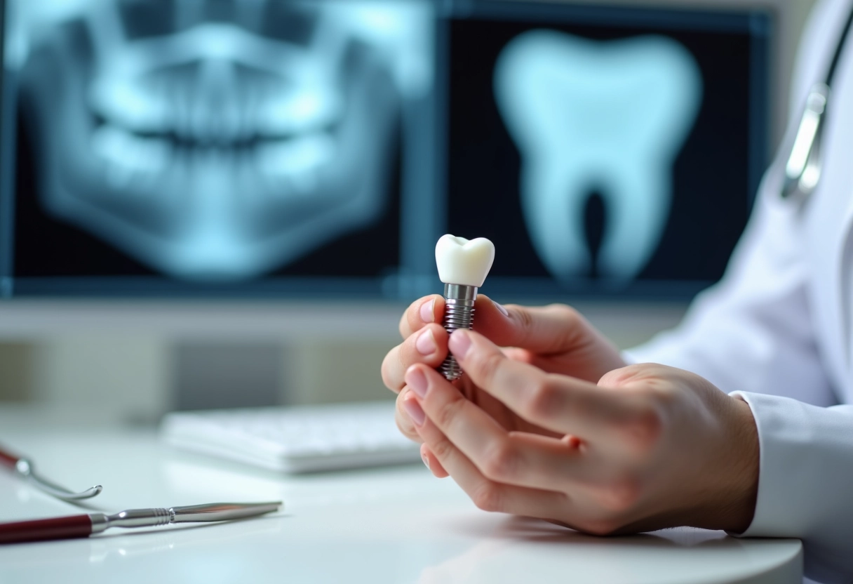 Mains tenant un implant dentaire et une étiquette de prix sur une table propre