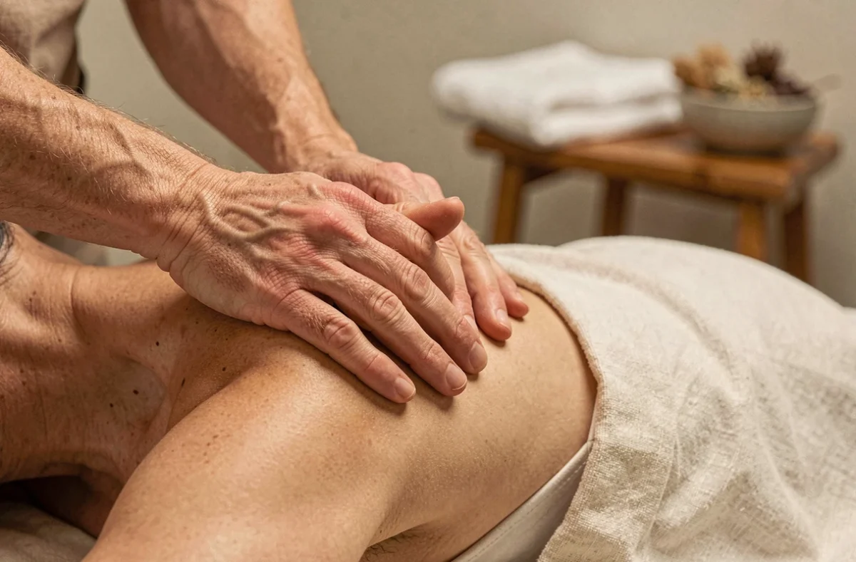 Gros plan sur les mains expertes d'un praticien en massage bien-être appliquant une technique de pression thérapeutique sur l'épaule d'un client