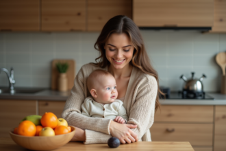 Jeune maman souriante avec son bébé et fruits frais