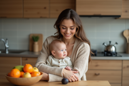 Jeune maman souriante avec son bébé et fruits frais