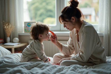 Maman attentive vérifiant la fièvre de son enfant