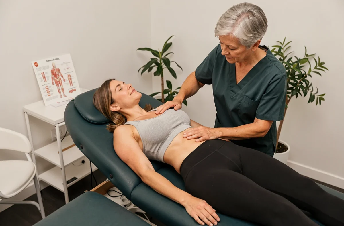 Séance de manipulation ostéopathique pour traiter une côte déplacée chez une femme allongée