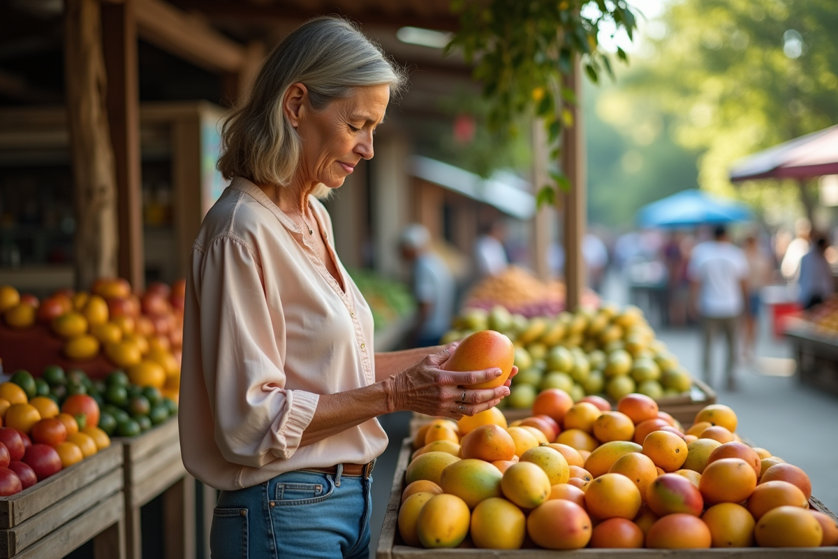 Femme choisissant des fruits au marché en plein air