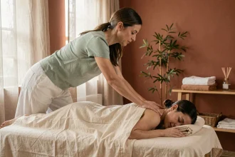 Praticienne spécialisée en massage bien-être réalisant un soin du dos sur une cliente détendue dans un cabinet de massage apaisant à Toulouse