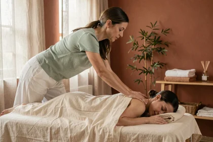 Praticienne spécialisée en massage bien-être réalisant un soin du dos sur une cliente détendue dans un cabinet de massage apaisant à Toulouse