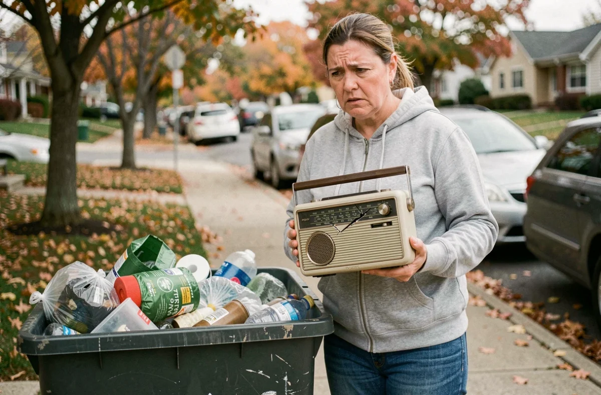 Femme hésitante tenant une vieille radio portative devant une poubelle de recyclage inadaptée en zone résidentielle