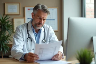 Médecin examinant des résultats d'analyses sanguines montrant les transaminases SGPT dans un cabinet médical moderne
