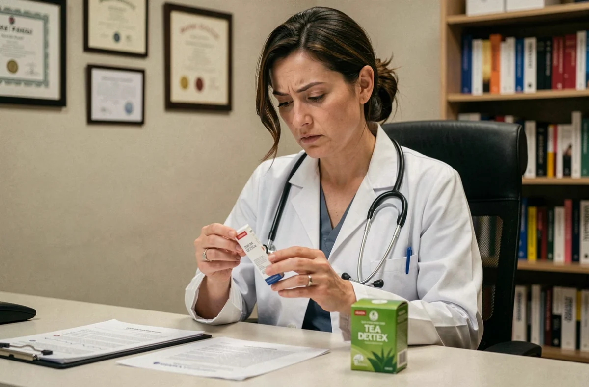 Médecin femme examinant une boîte de complément alimentaire Lulutox detox sur son bureau de consultation