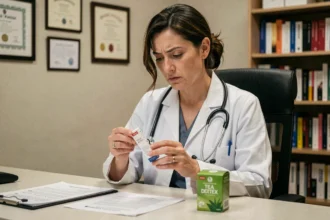 Médecin femme examinant une boîte de complément alimentaire Lulutox detox sur son bureau de consultation
