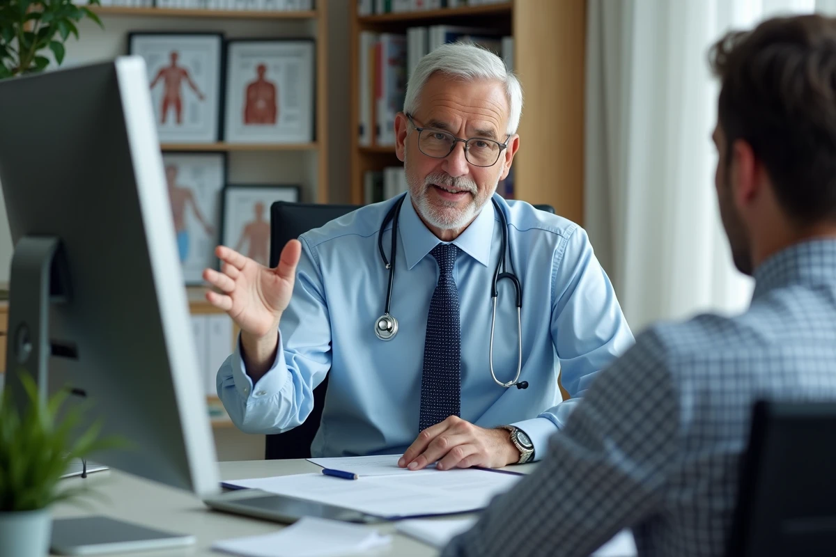 Medecin discutant avec un patient dans un cabinet médical
