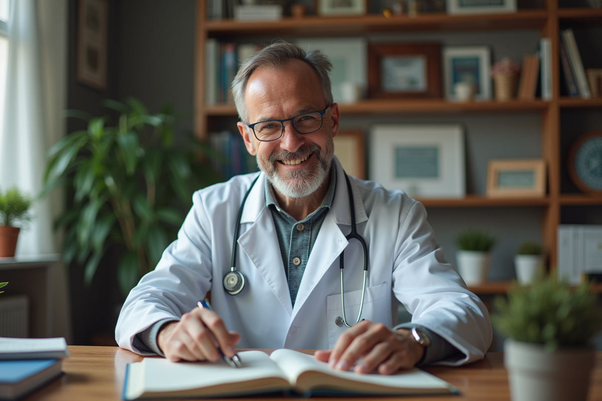 Medecin d age moyen dans son bureau lisant un guide medical