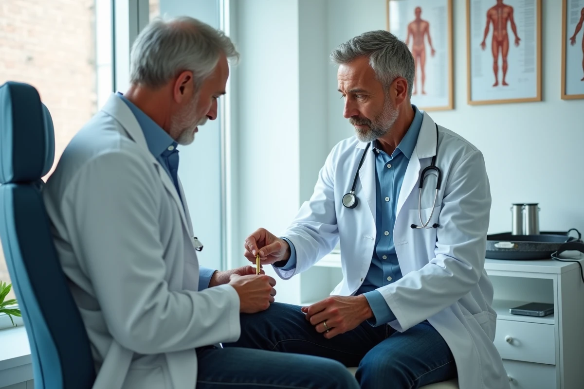 Médecin effectuant un examen neurologique sur un patient souffrant de vertiges dans un cabinet médical